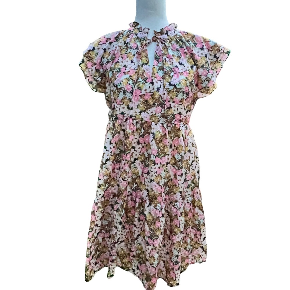 THML Small Floral Ruffle Neck Tiered Mini Dress Pink Orange Cottagecore Twee